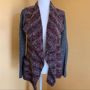 Lucky Brand Cardigan Sweater Burgundy Gray Wool Lotus Open Cardigan Size XS.
